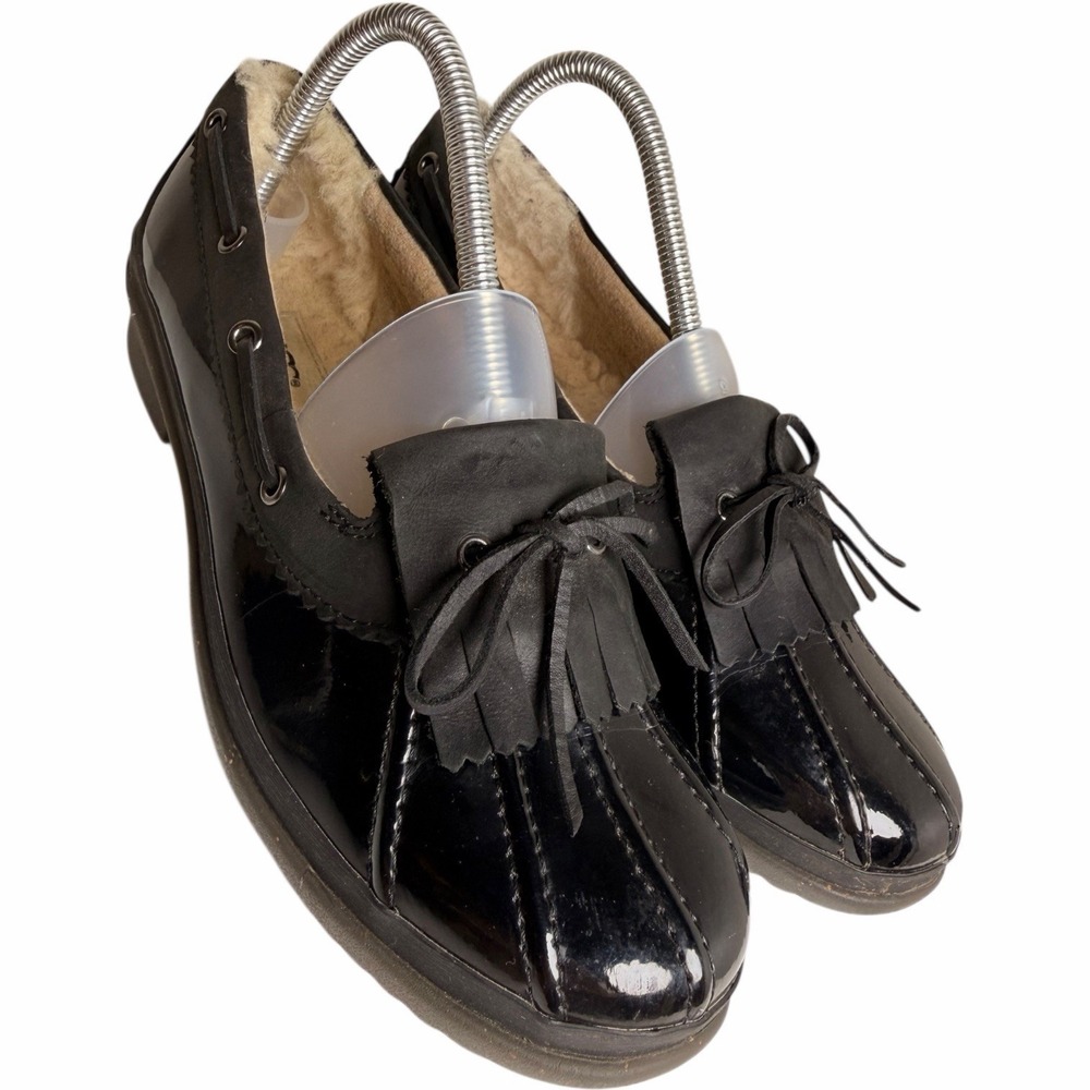 UGG Haylie Duck Shoes Black Patent Leather Suede Kiltie Tassel Loafers Womens 8 - Picture 5 of 11